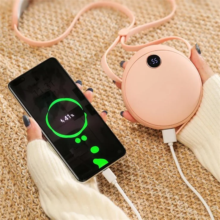 2148 Multifunction Winter 3 Levels Neck Hanging Mini Hand Warmer Cartoon Rabbit Digital Display 5000mAh Power Bank - Pink