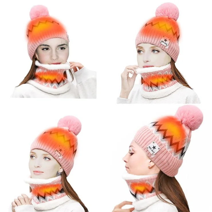 USB Heated Hat and Scarf Set Outdoor Winter Electric Hat Neck Warmer for Women Soft Lined Knitted Hat Warm Cap - Pink