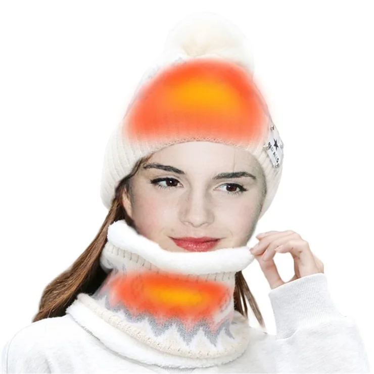 USB Heated Hat and Scarf Set Outdoor Winter Electric Hat Neck Warmer for Women Soft Lined Knitted Hat Warm Cap - White