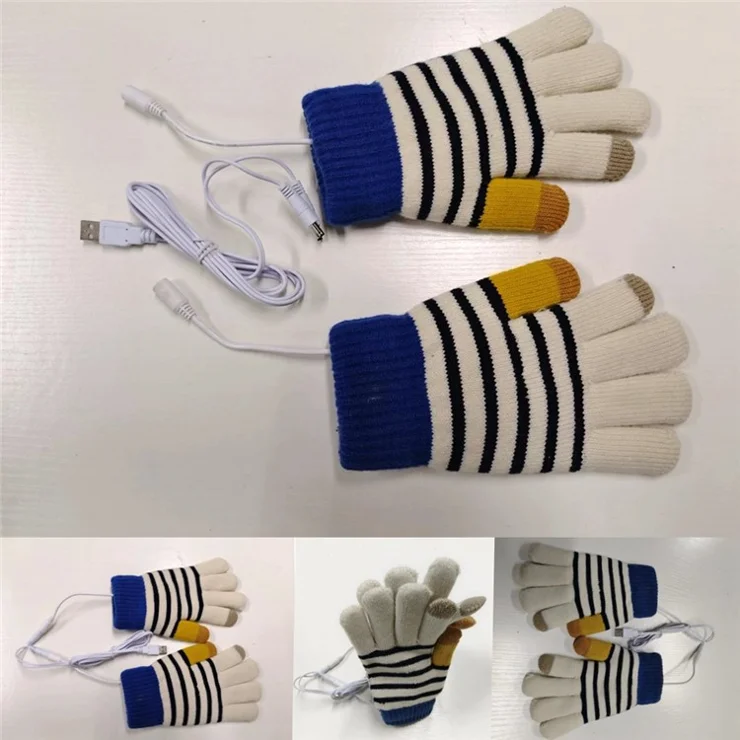 1 Pair Stripe Pattern USB Heated Gloves Heating Fiber Winter Hands Warm Gloves Knitting Full Finger Warmer