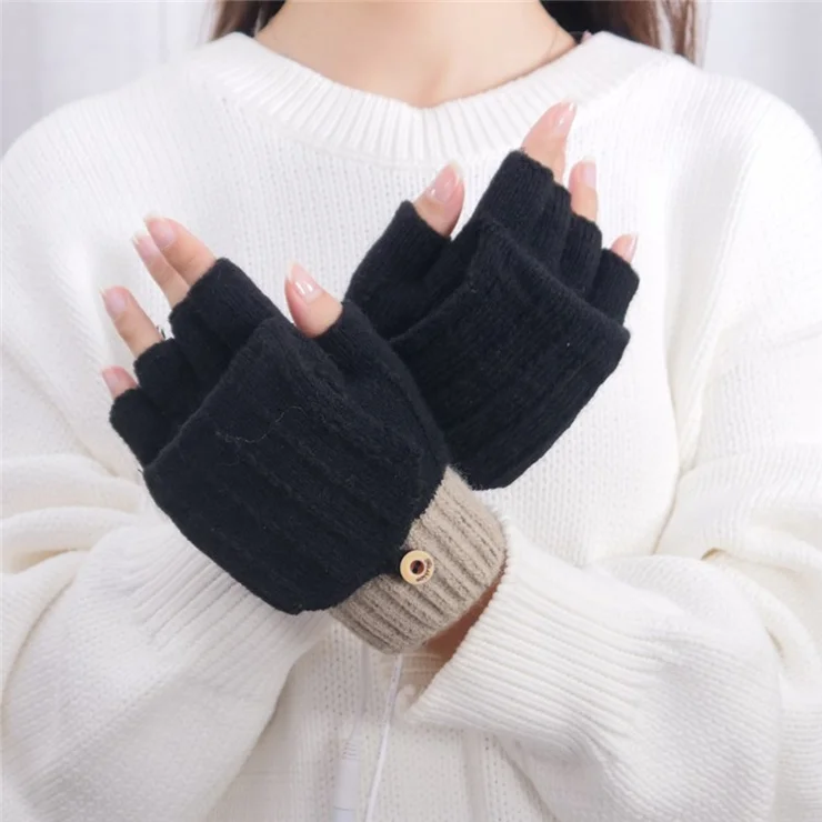 1 Pair Gloves Heating Fiber Winter Hands Warm Gloves Knitting USB Heated Half Finger Warmer - Grey