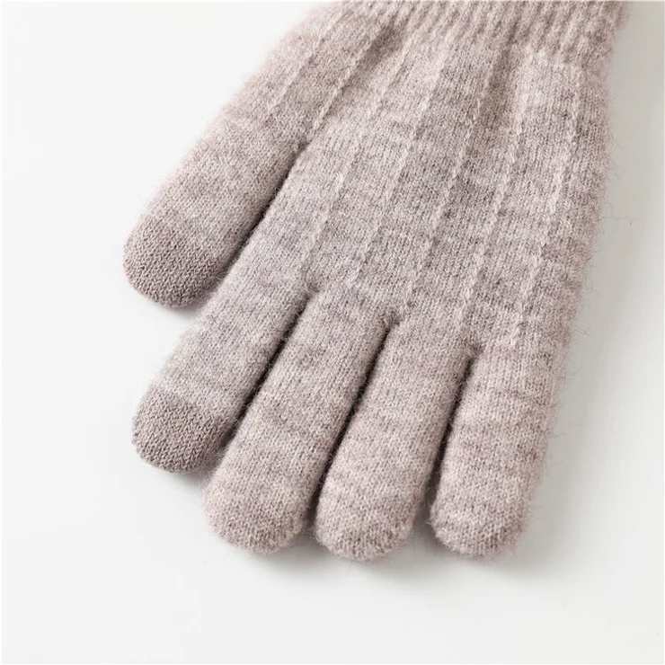 1 Pair Women Winter Cycling Dual Layer Knitted Warm Gloves Touch Screen Full Finger Gloves with Bear Badge Decor - Light Purple