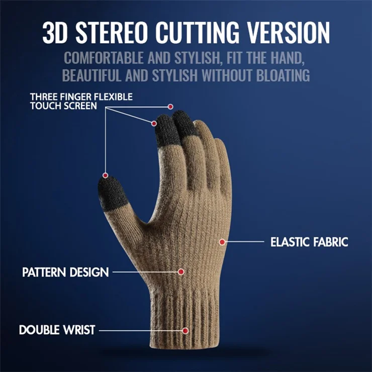 Y0097 1 Pair Men Winter Gloves Touch Screen Knitted Warm Gloves Windproof Cycling Full Finger Mittens - Khaki / L