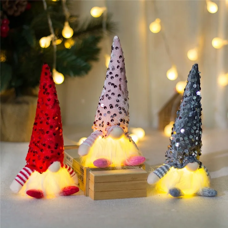 Christmas Sequined Gnome Ornament LED Glowing Faceless Doll Decoration Xmas Gift - Pink