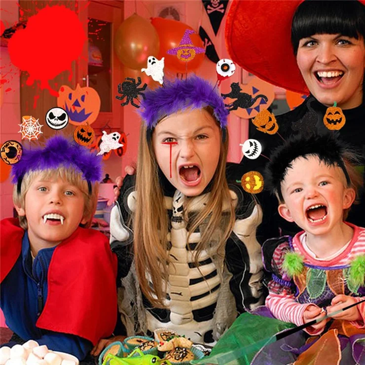 Halloween Pumpkin Spider Skeleton Hairband Festival Costume Masquerade Headband Hair Ornament - Spider+Cat / Purple Feather