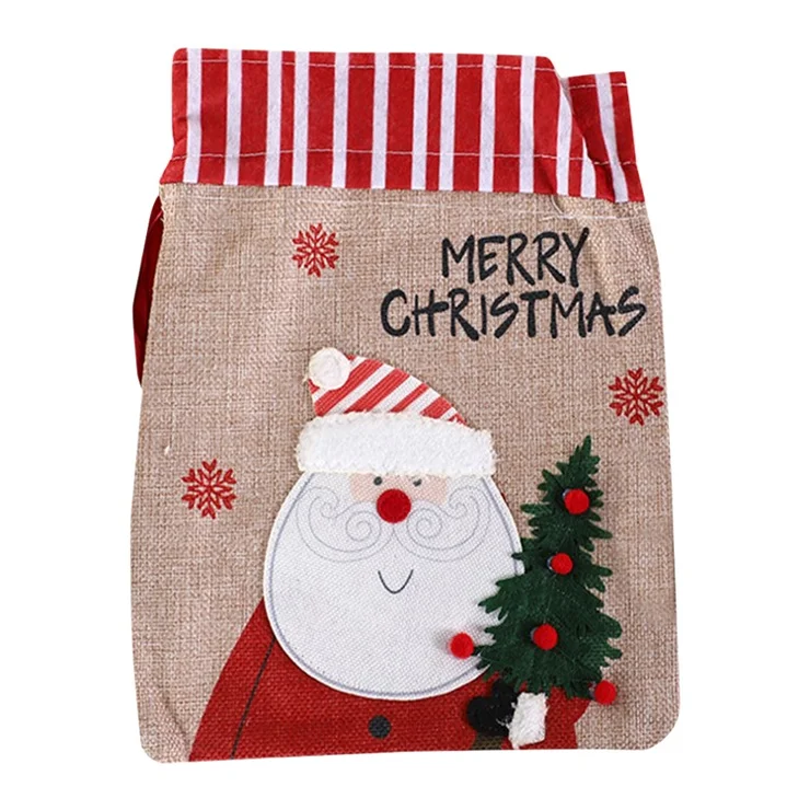 Christmas Drawstring Gift Bags Santa Pattern Fabric Wrapping Bag with Ribbon Tie for Xmas Holiday