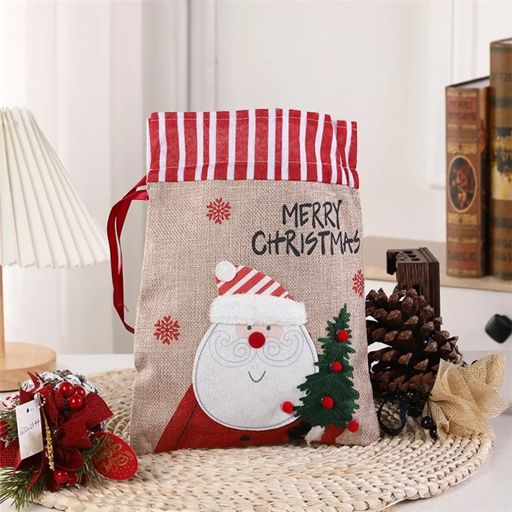 Christmas Drawstring Gift Bags Santa Pattern Fabric Wrapping Bag with Ribbon Tie for Xmas Holiday