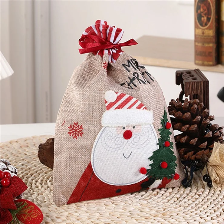 Christmas Drawstring Gift Bags Santa Pattern Fabric Wrapping Bag with Ribbon Tie for Xmas Holiday