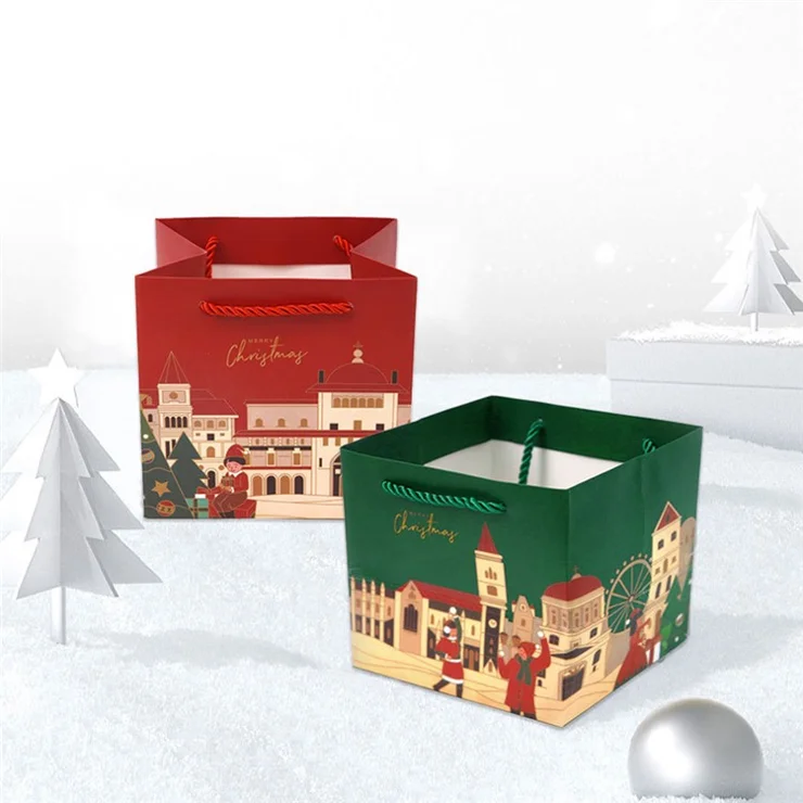 5PCS Christmas Gift Bags Paper Tote Bags Apple Bags for Xmas Party Supplies - Red