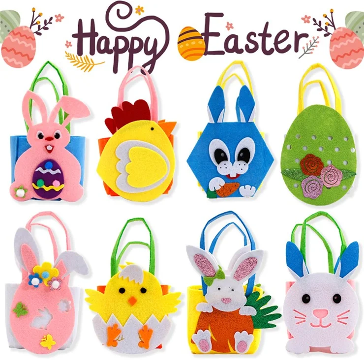 2Pcs Easter Basket Felt DIY Tote Candy Bag for Storing Easter Eggs Toys Gifts Festival Supplies - Pink Rabbit