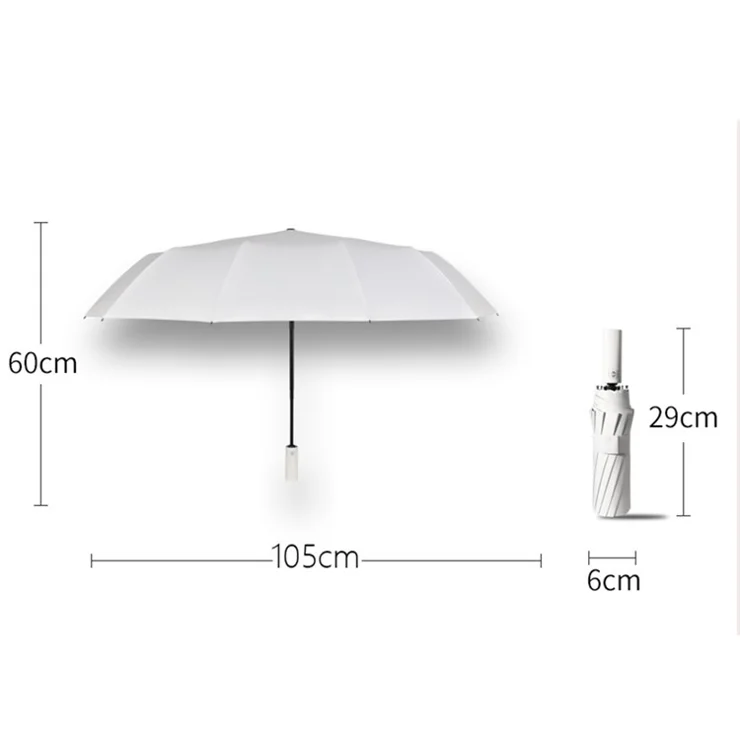 Windproof 12 Ribs Tri-fold Folding Umbrella Automatic Sunshade Umbrella - Milky White