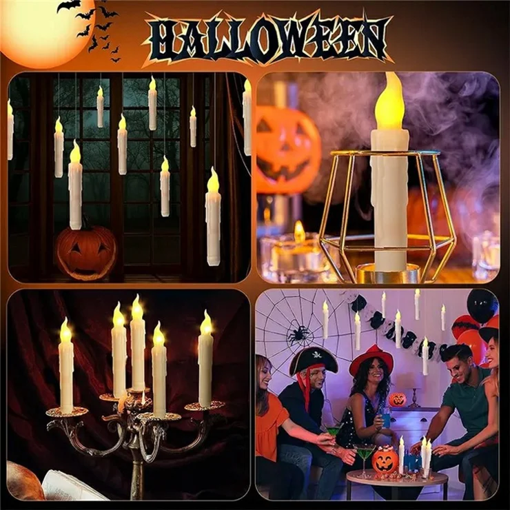 12PCS LED Floating Candles with 1PC Magic Wand Remote Timer for Birthday Halloween Party - Style B / Yellow Light