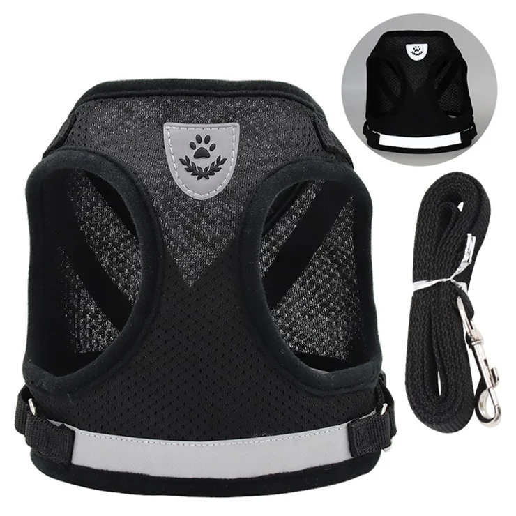 Summer Breathable Reflective Pet Dog Harness Puppy Vest with Traction Rope - Black XL