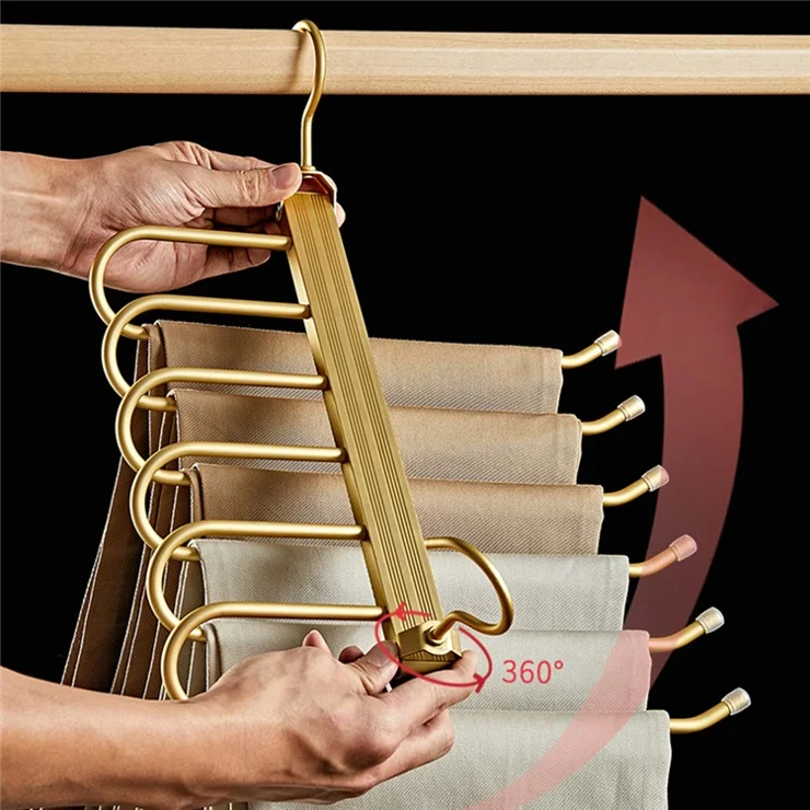 2Pcs Foldable Aluminum Alloy Pants Hanger 6 Layer Space Saving Wardrobe Trouser Organizer - Black+Gold