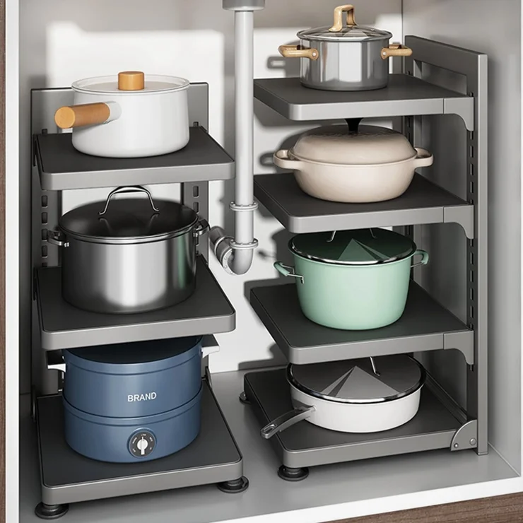 4-Tier Kitchen Pot Rack Carbon Steel Organizer Adjustable Under
