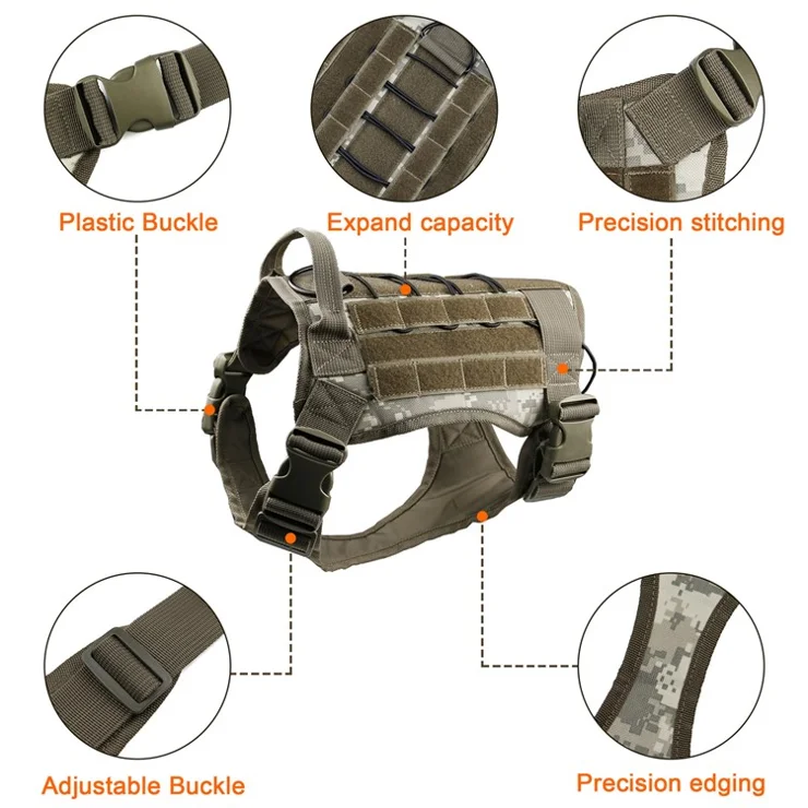 Camouflage Molle Dog Vest Leash Pet Traction Rope Dog Training Walking Lead Leash, Size: M - Khaki