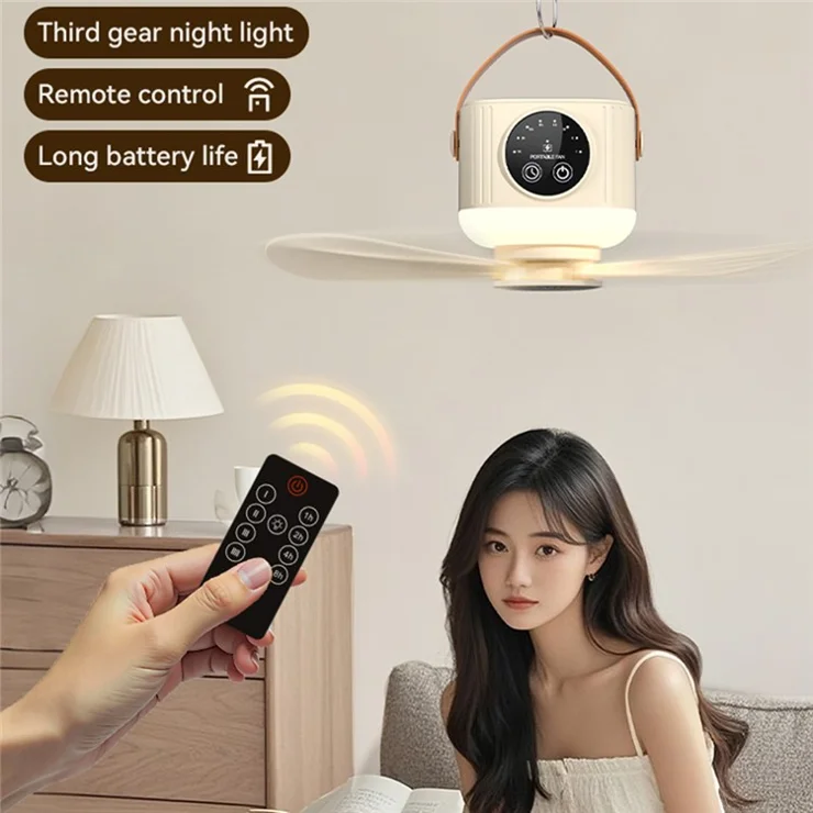 D01 Outdoor Portable Ceiling Fan Remote Control 3 Gears Hanging Camping Light with 7200mAh Battery - White