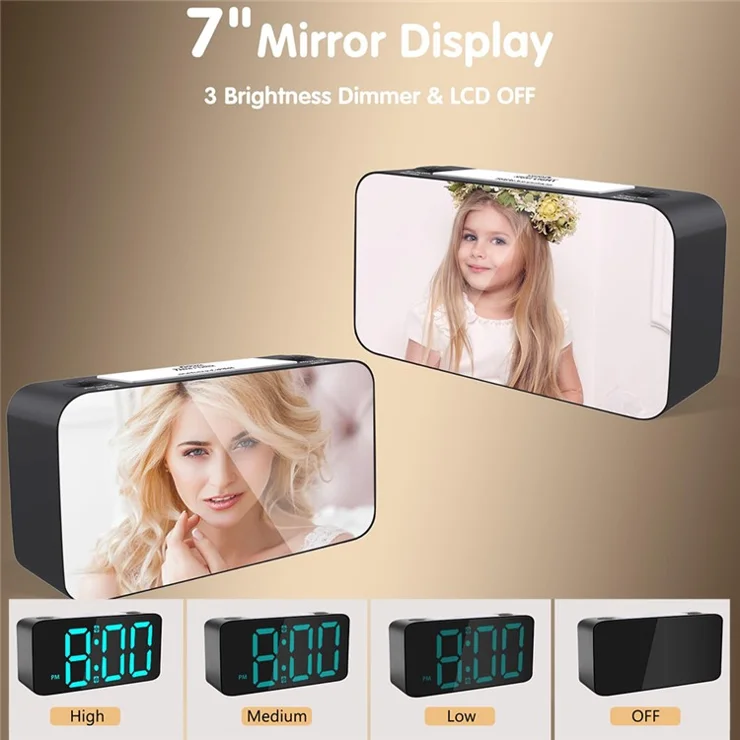 7-inch Mirror Display Vibrating Alarm Clock with Bed Shaker RGB Night Light for Heavy Sleeper - Black
