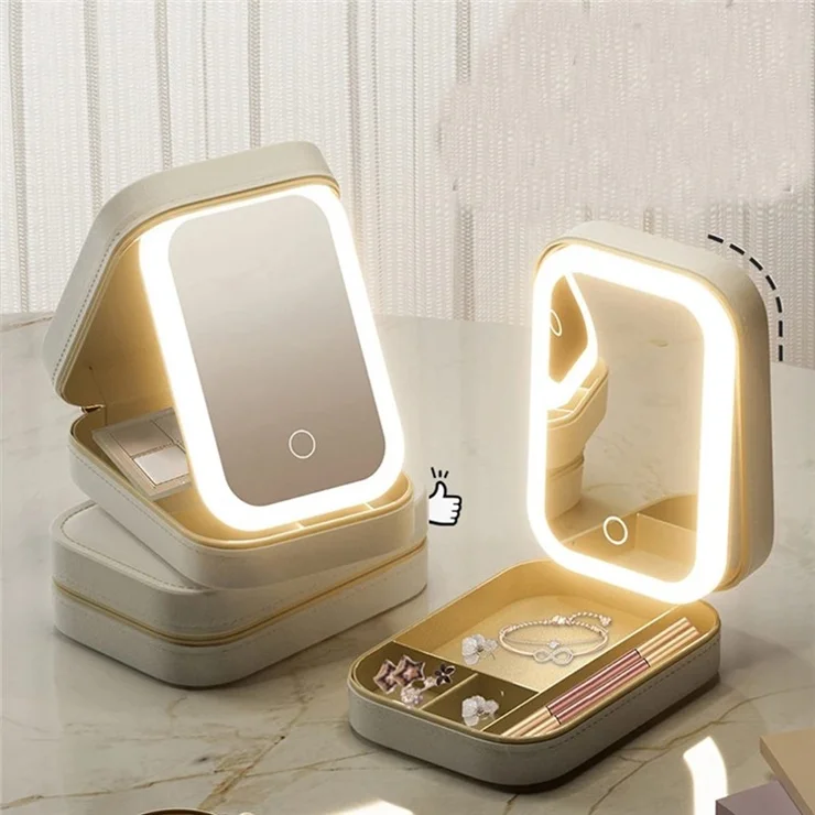 Cosmetic Mirror Case LED Makeup Mirror Storage Case with Light-Filling Portable Makeup Box Bag - White