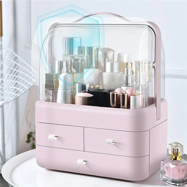Large Size Cosmetic Organizer with Drawers Dustproof Makeup Skincare Products Storage Box - Ivory White
