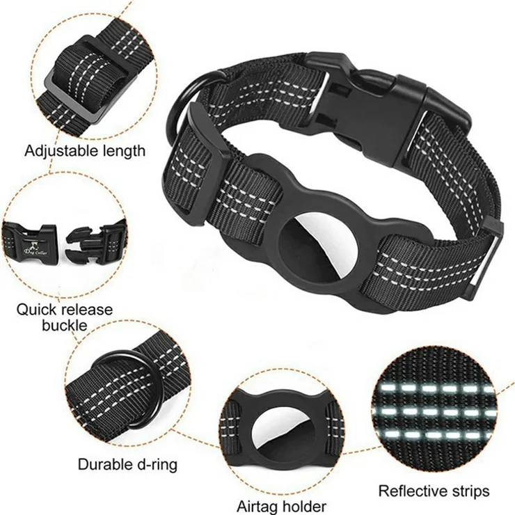 Reflective Nylon Pet Dog Collar for AirTag Bluetooth-compatible Tracker Silicone Case with Protective Film, Size: L - Pink