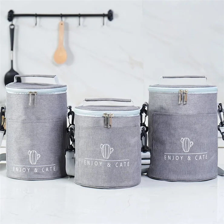 Round Stretchable Oxford Cloth Insulated Lunch Box Bag Bento Carrying Bag - Navy Blue