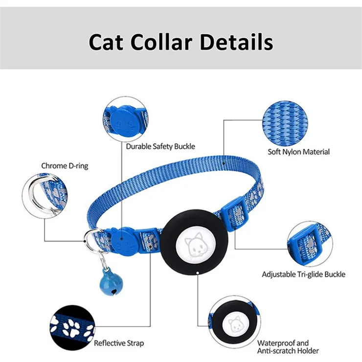 For AirTag Silicone Case Paw Pattern Reflective Pet Collar GPS Tracker Protective Cover with Bell, with Front Back Film Set - Blue