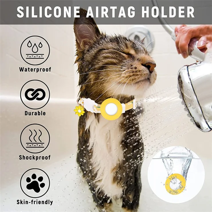 Daisy Pattern Adjustable Pet Collar with Silicone Case + Protective Film for AirTag Tracker - Yellow
