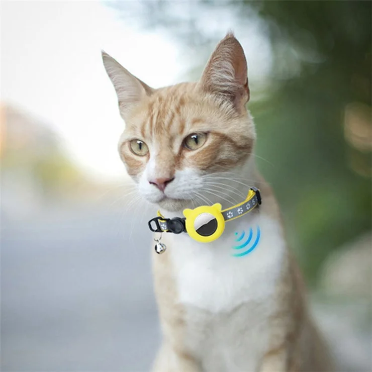Pet Collar Adjustable Cat Dog Neck Collar with Silicone Protective Cover for Apple AirTag Tracker - Cat Ear Shape / Purple