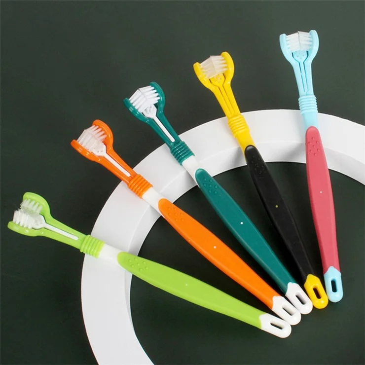 HISTOTREE Pet Dog Cat 3-Head Toothbrush Plastic+Nylon Oral Care Teeth Cleaning Tool (BPA-Free, No FDA Certified) - Blue+Red