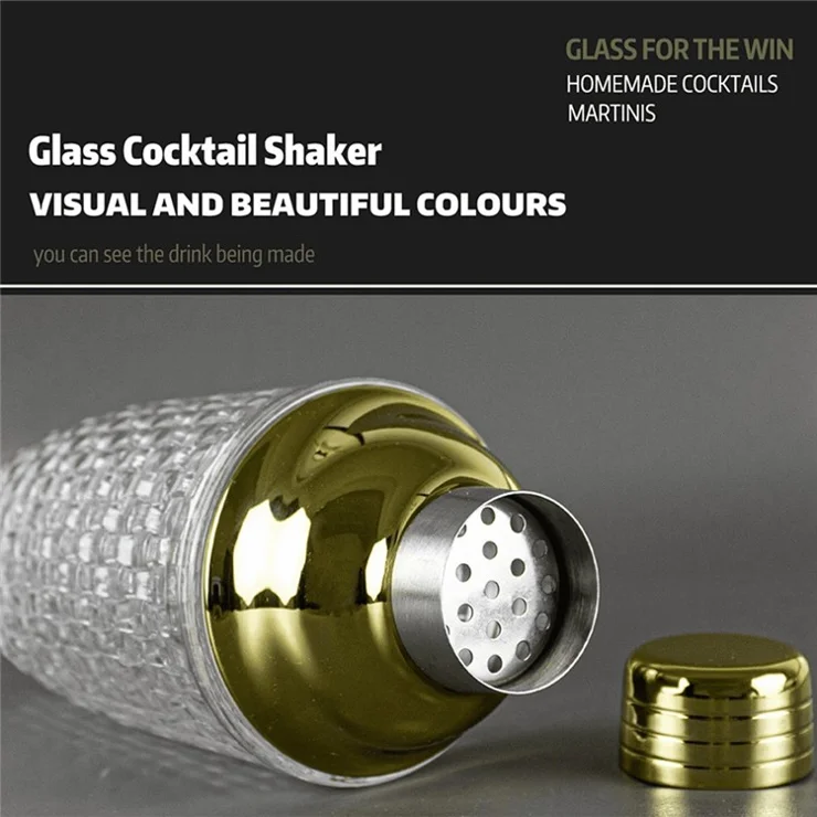 385ml Cocktail Shaker Woven Texture Glass+Stainless Steel Lid Cocktail Shaker Cup (BPA Free, No FDA Certification) - Rose Gold