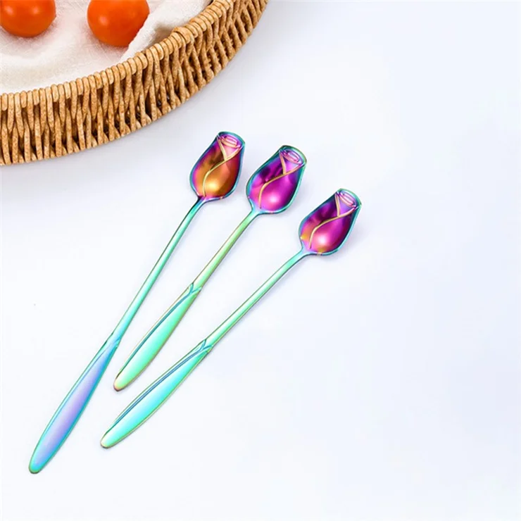 2Pcs Rose Flower Stirring Spoon Set Stainless Steel Ice Cream Spoon, Multi-color (BPA Free, No FDA) - 15.2x2.2cm