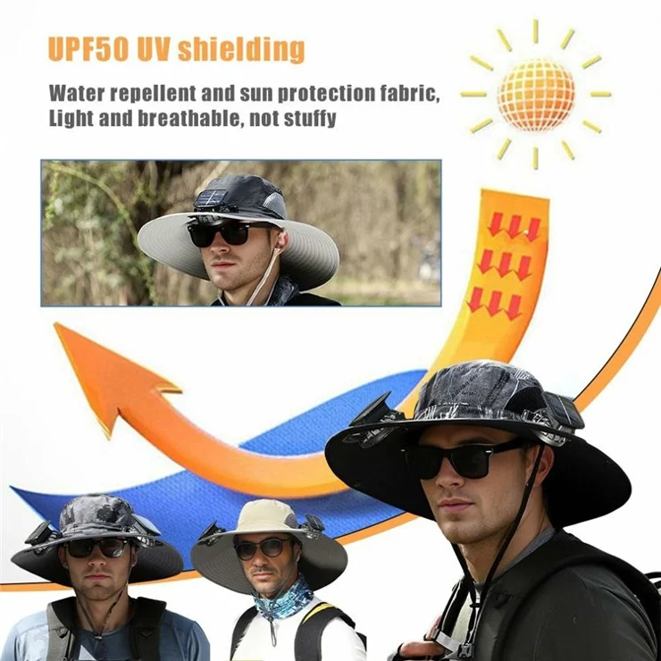 Detachable Solar Powered Fan Hat Wide Brim Summer Outdoor Sun Protection Cap for Men Hiking Fishing - Khaki