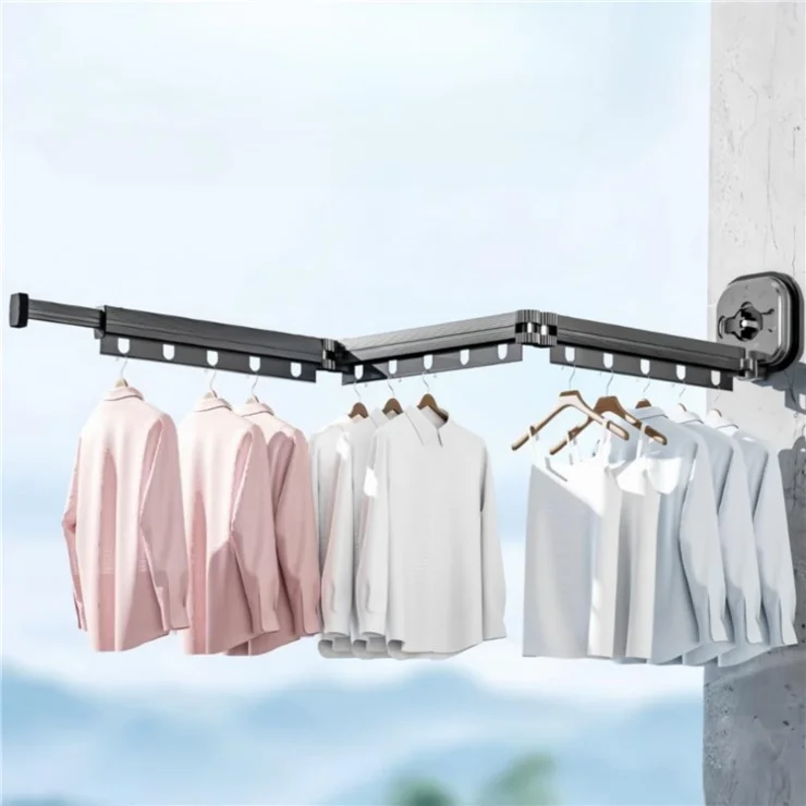 3 Section Retractable Folding Clothes Drying Rack Aluminum Alloy Balcony Window Space Saving Suction Cup Hanging Rack - Beige