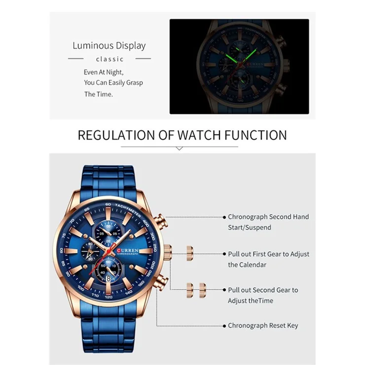 CURREN 8351 Stainless Steel Band Men Watch Waterproof Calendar Business Quartz Wristwatch - Silver Strap / Silver Case / Blue Dial