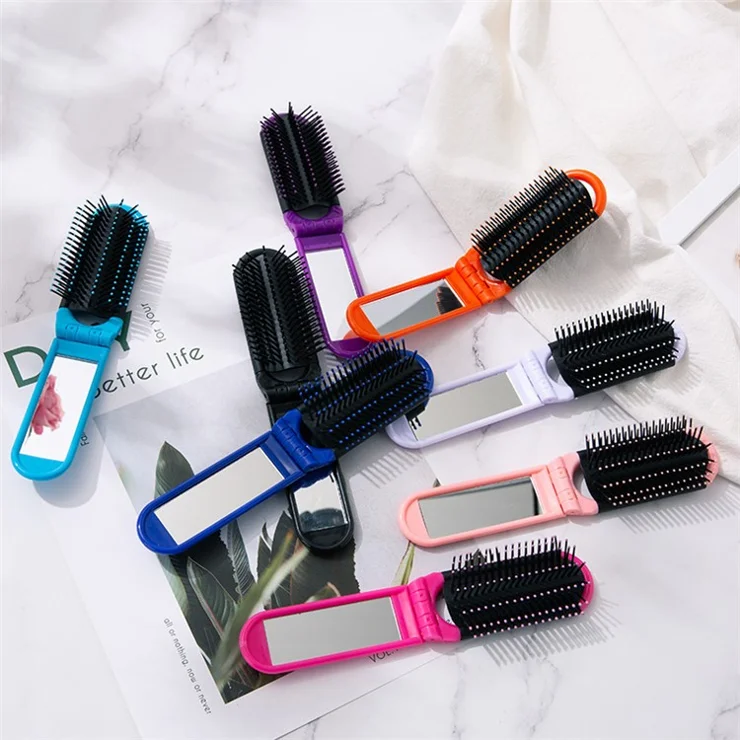 Portable Folding Massage Comb Pocket Size Women Travel Hair Brush with Mirror - Green