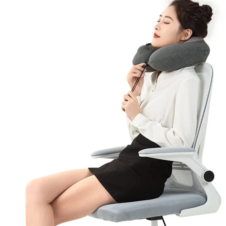 Travel U Shaped Neck Cushion Inflatable Memory Foam Pillow with Storage Bag - Navy Blue