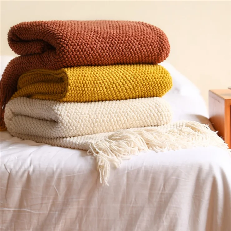 JB005 130x230cm Knitted Throw Blanket Pineapple Textured Blanket with Tassels for Couch Bed Sofa - Morandi Blue