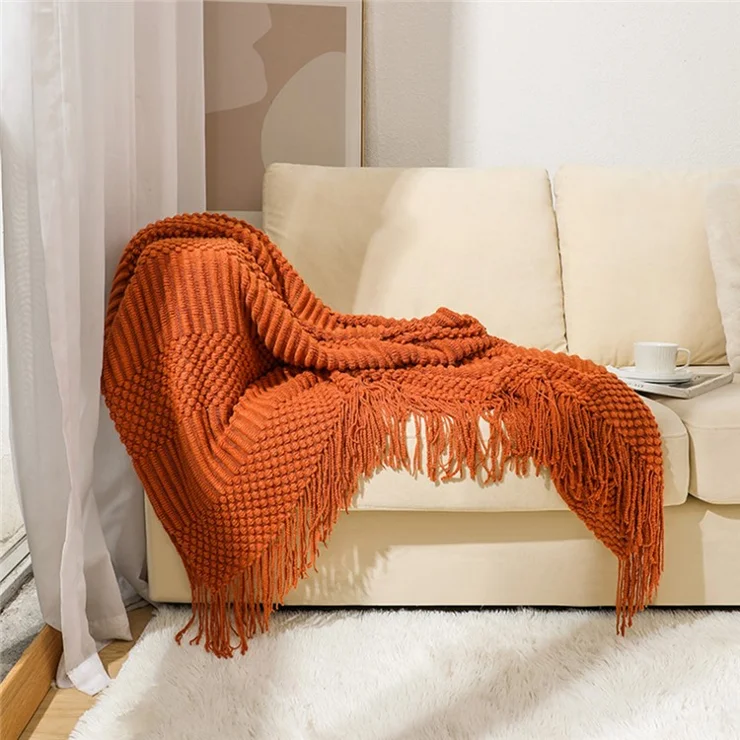 JB012 130x172cm Sofa Throw Blanket Tassels Design Shawl Blanket - Caramel
