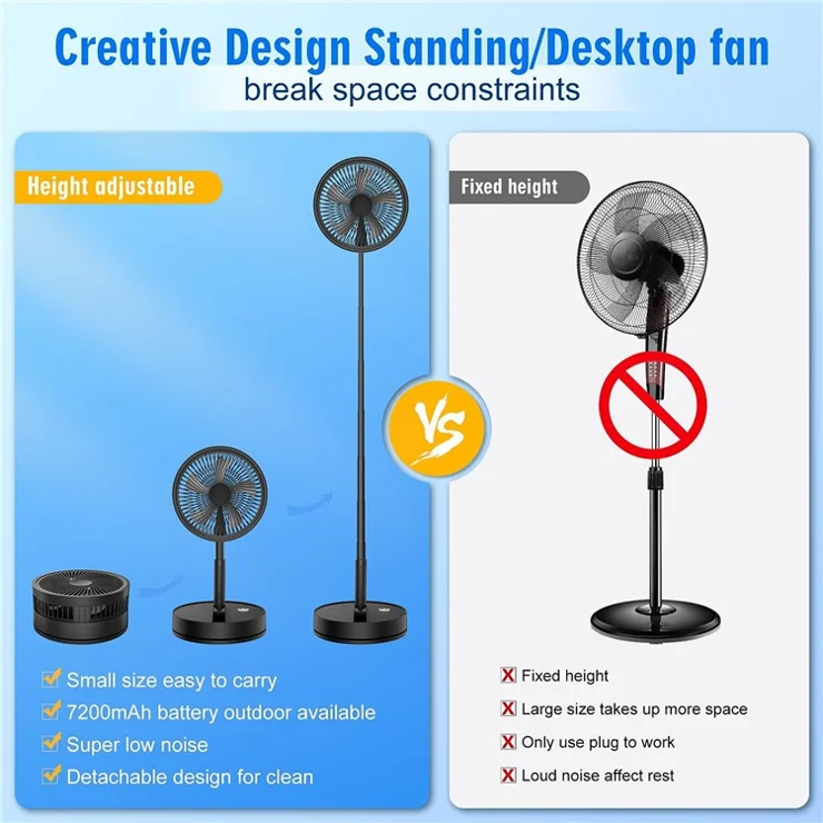 F9 Folding Telescopic Floor Desk Fan 4H Timer 4-Speed Adjustable Remote Control Fan - Black