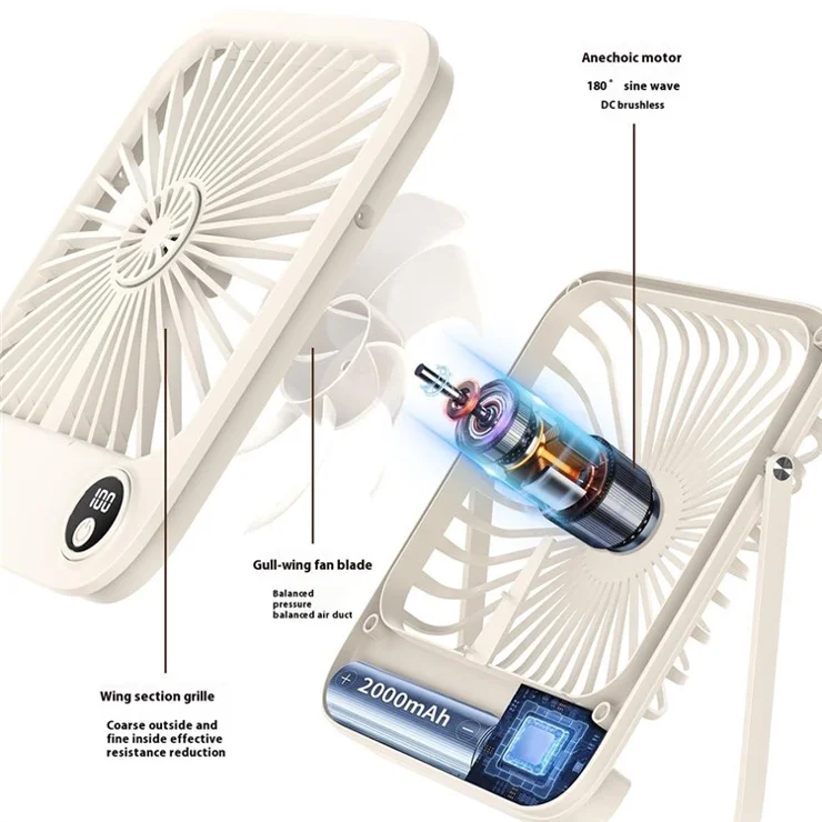 W30 2000mAh Portable Desk Fan Ultra Thin Wall Mount 5 Speed Digital Display Personal Fan - Blue
