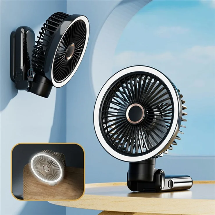 GF12 Multifunctional Oscillating Fan with Light Rechargeable 3600mAh Desk Wall Mounted Fan - Black