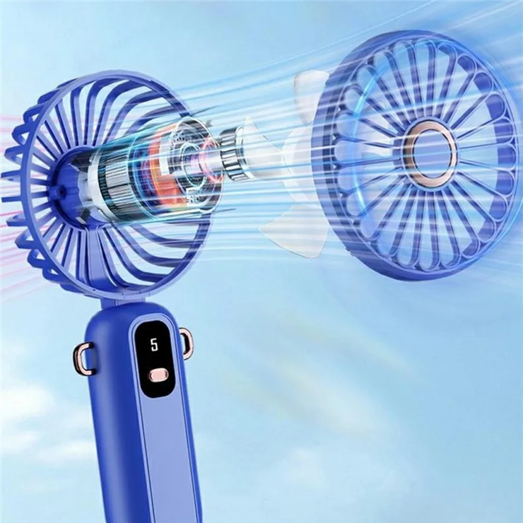 ZD01 LED Display Mini Handheld Fan 5 Speeds Adjustable Foldable Cooling Fan with Phone Holder - Sapphire