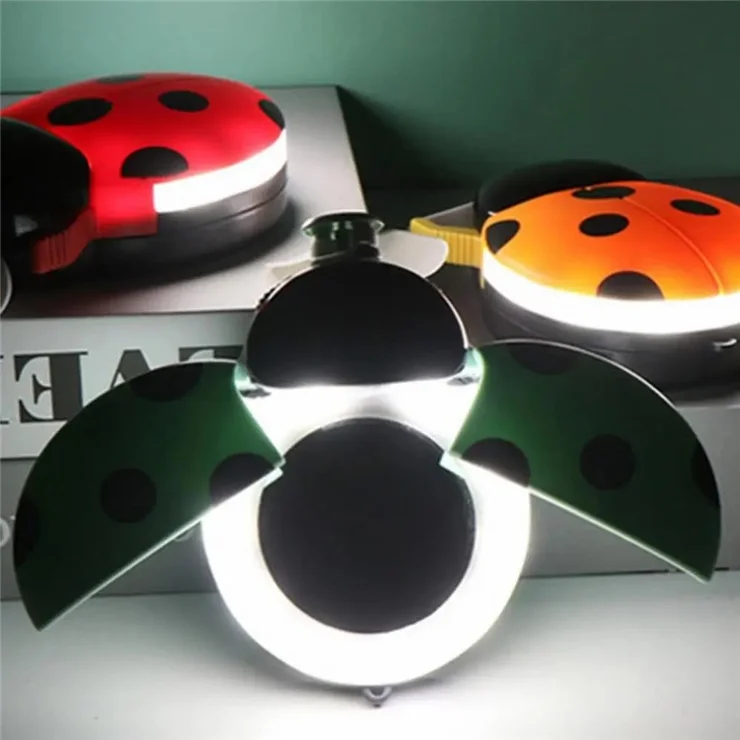 T7 Cute Ladybug Mini Fan Handheld Summer Cooling Fan with Fill Light and Mirror - Red