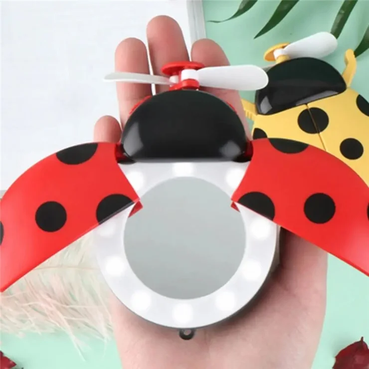 T7 Cute Ladybug Mini Fan Handheld Summer Cooling Fan with Fill Light and Mirror - Red
