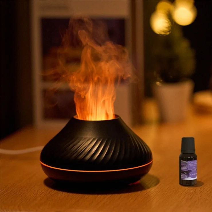 DQ705 Simulation Flame Colorful Light Air Humidifier Auto Shut-Off Aroma Essential Oils Diffuser - Beige
