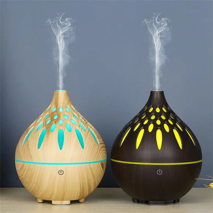 160ml Wood Grain Hollow Humidifier Auto Power-Off Colorful Light Mist Humidifier (No CE Certificate) - Brown / UK Plug
