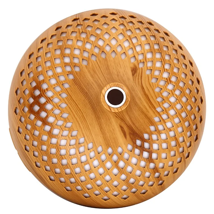 500ml Hollow Humidifier Wood Grain Colorful Light Essential Oil Diffuser with Remote Control (No CE Certificate) - Brown / EU Plug