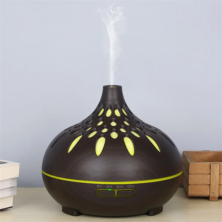 500ml Mute Humidifier Colorful Light Wood Grain Hollow Aroma Diffuser with Remote Control (No CE Certificate) - Black / UK Plug