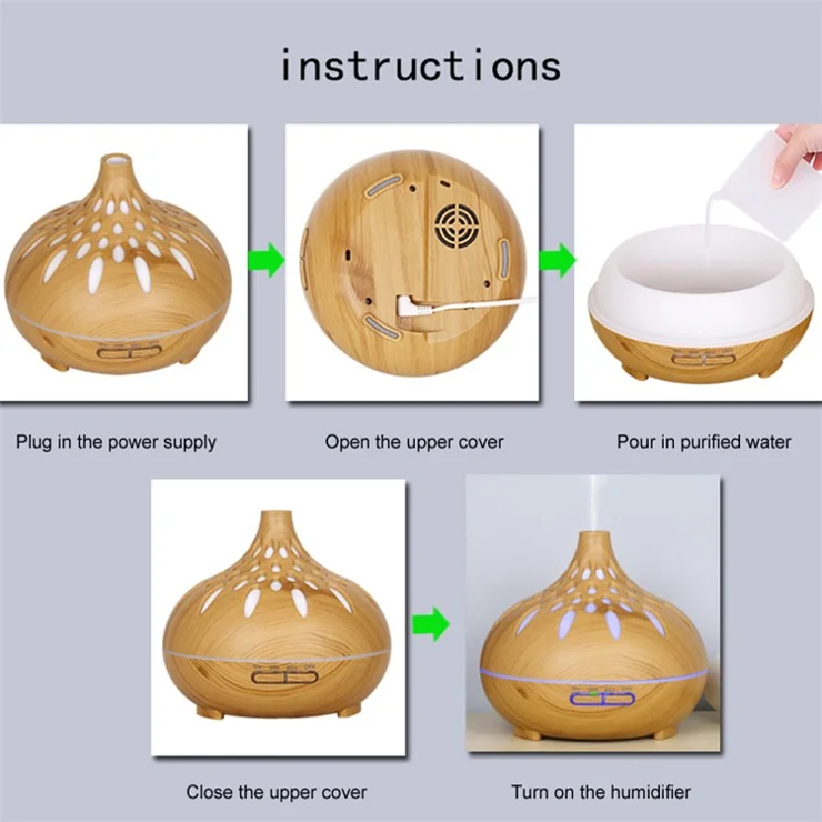 500ml Mute Humidifier Colorful Light Wood Grain Hollow Aroma Diffuser with Remote Control (No CE Certificate) - Black / UK Plug